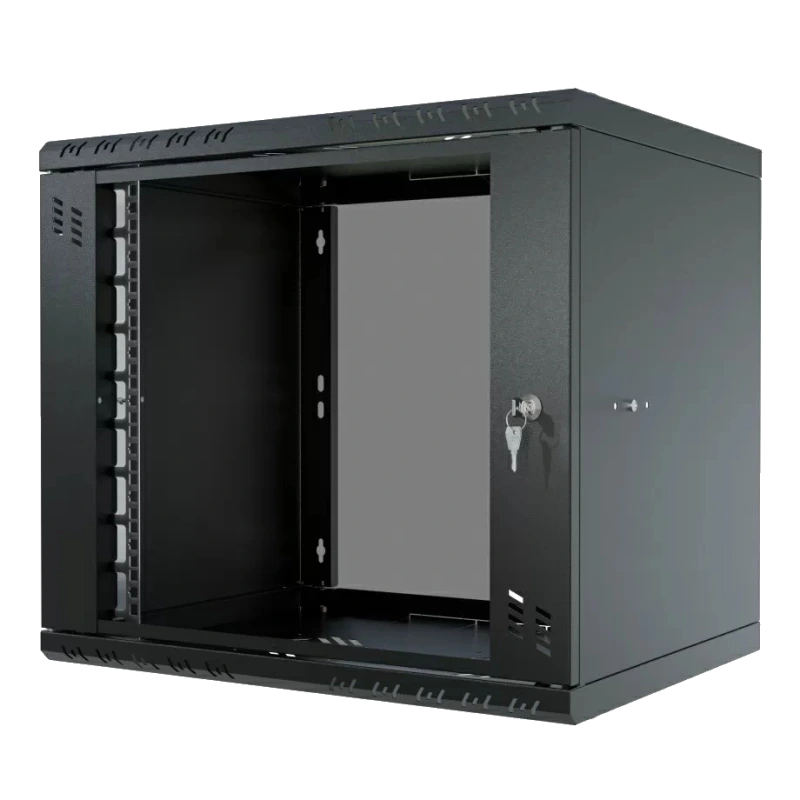 19Rack9U450 nástenný rack 19" 9U 520x450, sklo, demont, čierny